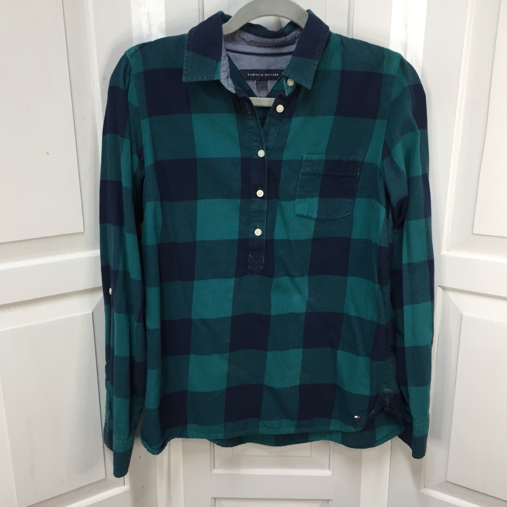 Tommy Hilfiger Blue-Green Plaid Flannel Cotton Top